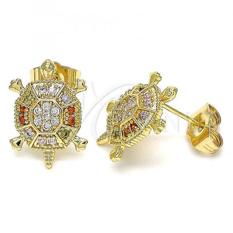 Oro Laminado Stud Earring, Gold Filled Style Turtle Design, with Multicolor Micro Pave, Polished, Golden Finish, 02.210.0413.1
