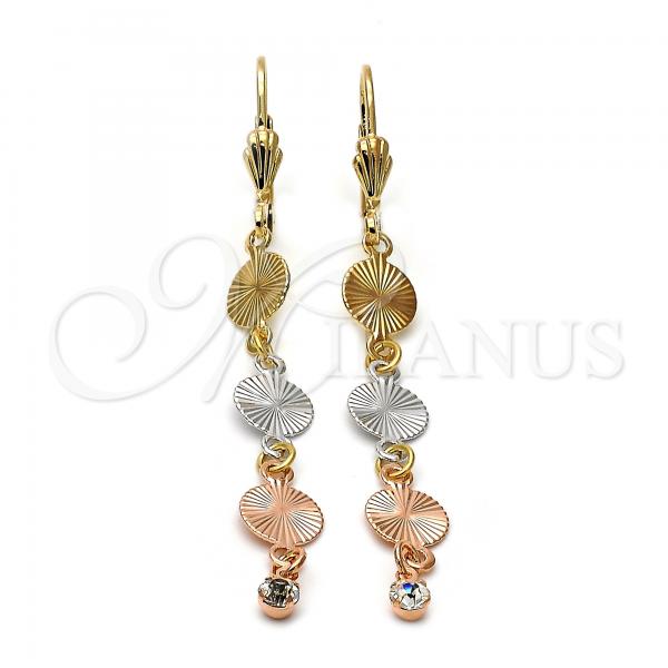 Oro Laminado Long Earring, Gold Filled Style with White Cubic Zirconia, Diamond Cutting Finish, Tricolor, 5.096.012