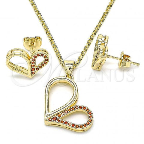 Oro Laminado Earring and Pendant Adult Set, Gold Filled Style Heart Design, with Garnet Micro Pave, Polished, Golden Finish, 10.156.0262.2