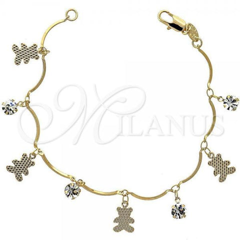 Oro Laminado Charm Bracelet, Gold Filled Style Teddy Bear Design, with White Cubic Zirconia, Diamond Cutting Finish, Golden Finish, 5.030.011.07