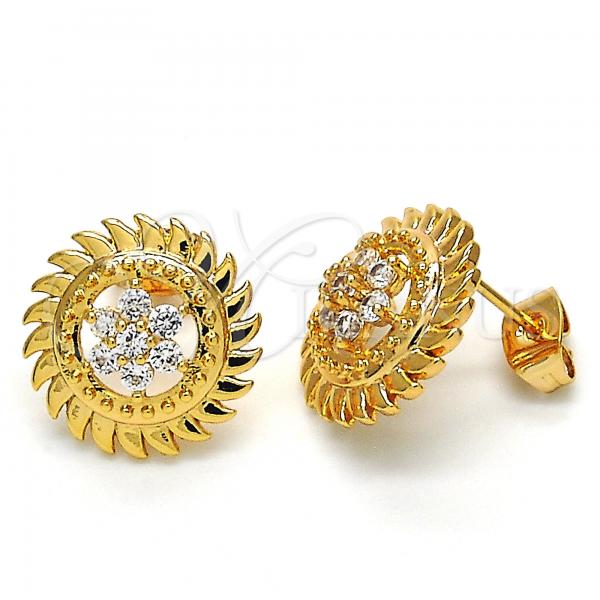 Oro Laminado Stud Earring, Gold Filled Style Flower Design, with White Cubic Zirconia, Polished, Golden Finish, 02.340.0005