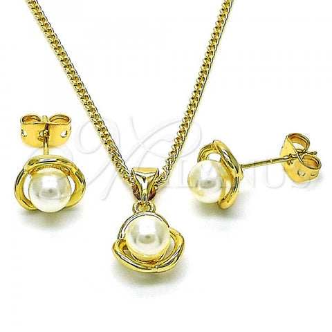 Oro Laminado Earring and Pendant Adult Set, Gold Filled Style Flower Design, with Ivory Pearl, Polished, Golden Finish, 10.156.0467