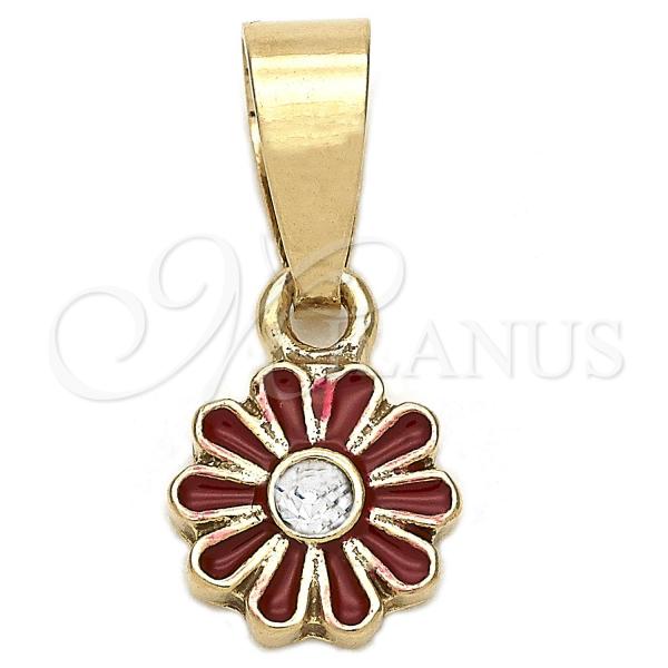 Oro Laminado Fancy Pendant, Gold Filled Style Flower Design, with White Crystal, Red Enamel Finish, Golden Finish, 05.163.0074.3