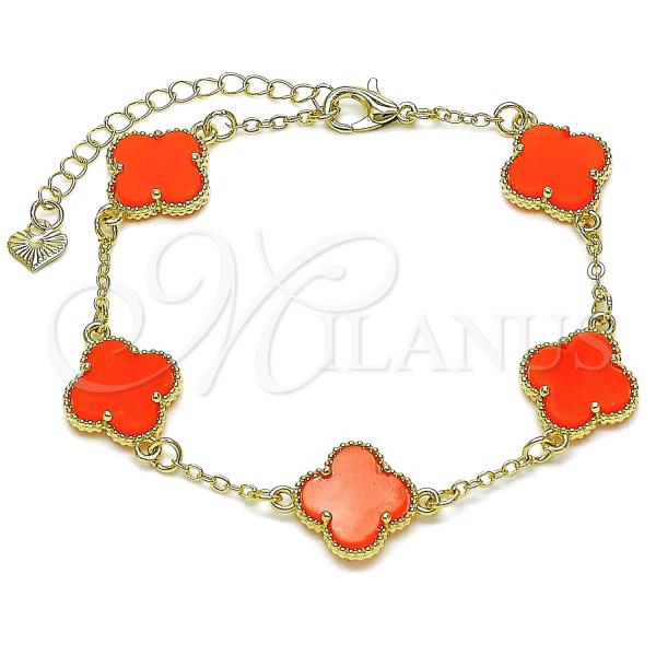 Oro Laminado Fancy Bracelet, Gold Filled Style Four-leaf Clover and Rolo Design, with Orange Mother of Pearl, Polished, Golden Finish, 03.414.0001.3.07