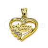 Oro Laminado Fancy Pendant, Gold Filled Style Heart and Mom Design, with White Micro Pave, Polished, Golden Finish, 05.342.0210