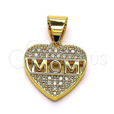 Oro Laminado Fancy Pendant, Gold Filled Style Mom and Heart Design, with White Micro Pave, Polished, Golden Finish, 05.342.0195