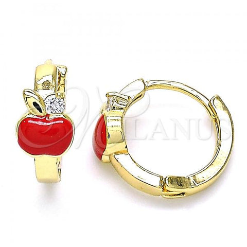 Oro Laminado Huggie Hoop, Gold Filled Style Apple Design, with White Cubic Zirconia, Red Enamel Finish, Golden Finish, 02.210.0494.15