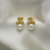 Oro Laminado Stud Earring, Gold Filled Style with White Micro Pave and Ivory Pearl, Polished, Golden Finish, 02.344.0135