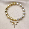 Oro Laminado Fancy Bracelet, Gold Filled Style Dragon-Fly and Expandable Bead Design, with Ivory Pearl and White Cubic Zirconia, Polished, Golden Finish, 03.341.0253.07