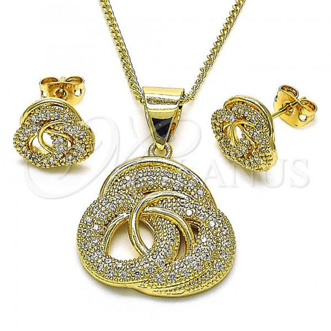 Oro Laminado Earring and Pendant Adult Set, Gold Filled Style Love Knot Design, with White Micro Pave, Polished, Golden Finish, 10.342.0092