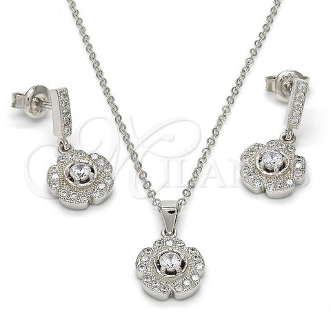 Sterling Silver Earring and Pendant Adult Set, Flower Design, with White Micro Pave and White Cubic Zirconia, Polished, Rhodium Finish, 10.275.0020