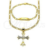 Oro Laminado Necklace and Bracelet, Gold Filled Style Cross and Figaro Design, Diamond Cutting Finish,, 06.63.0271