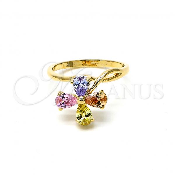 Oro Laminado Multi Stone Ring, Gold Filled Style Flower Design, with Multicolor Cubic Zirconia, Polished, Golden Finish, 5.172.007.09 (Size 9)