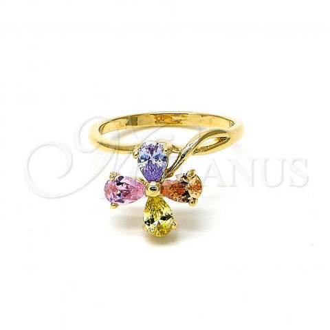 Oro Laminado Multi Stone Ring, Gold Filled Style Flower Design, with Multicolor Cubic Zirconia, Polished, Golden Finish, 5.172.007.09 (Size 9)