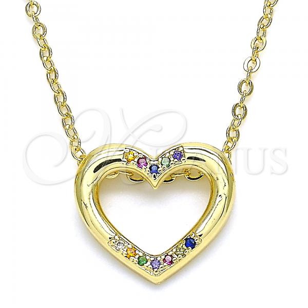 Oro Laminado Pendant Necklace, Gold Filled Style Heart Design, with Multicolor Micro Pave, Polished, Golden Finish, 04.156.0329.3.20