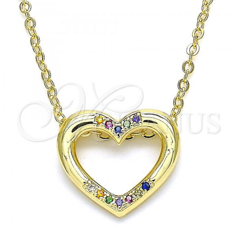 Oro Laminado Pendant Necklace, Gold Filled Style Heart Design, with Multicolor Micro Pave, Polished, Golden Finish, 04.156.0329.3.20