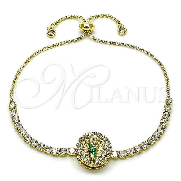 Oro Laminado Adjustable Bolo Bracelet, Gold Filled Style San Judas and Box Design, with White Cubic Zirconia, Diamond Cutting Finish, Tricolor, 03.411.0071.1.11