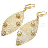 Oro Laminado Dangle Earring, Gold Filled Style Leaf and Flower Design, with White Crystal, Polished, Golden Finish, 64.008