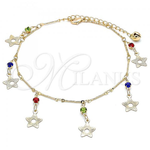 Oro Laminado Charm Anklet , Gold Filled Style Star and Rattle Charm Design, with Multicolor Crystal, Polished, Golden Finish, 03.213.0105.1.10