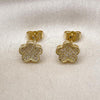 Oro Laminado Stud Earring, Gold Filled Style Flower Design, with White Micro Pave, Polished, Golden Finish, 02.156.0299