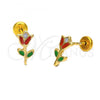 Oro Laminado Stud Earring, Gold Filled Style Flower Design, Red Enamel Finish, Golden Finish, 02.09.0040