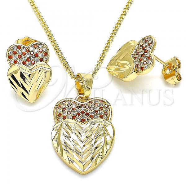 Oro Laminado Earring and Pendant Adult Set, Gold Filled Style Heart Design, with Garnet and White Micro Pave, Diamond Cutting Finish, Golden Finish, 10.233.0040.7