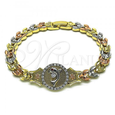 Oro Laminado Fancy Bracelet, Gold Filled Style Dolphin and Flower Design, with White Micro Pave and White Cubic Zirconia, Diamond Cutting Finish, Tricolor, 03.253.0083.08