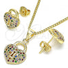 Oro Laminado Earring and Pendant Adult Set, Gold Filled Style Lock and Heart Design, with Multicolor Micro Pave, Polished, Golden Finish, 10.156.0246.3