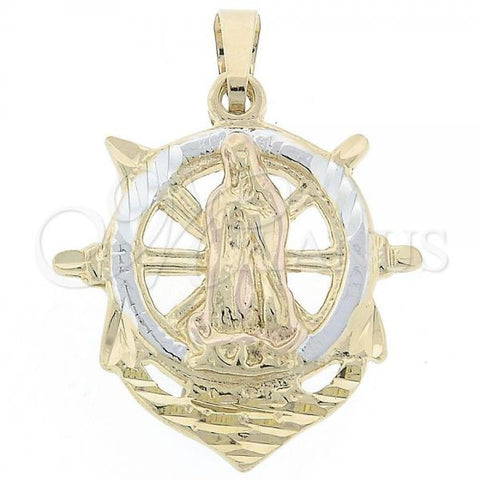 Oro Laminado Religious Pendant, Gold Filled Style Virgen Maria and Anchor Design, Diamond Cutting Finish, Tricolor, 5.186.008