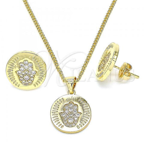 Oro Laminado Earring and Pendant Adult Set, Gold Filled Style Hand of God Design, with White Micro Pave, Polished, Golden Finish, 10.156.0250