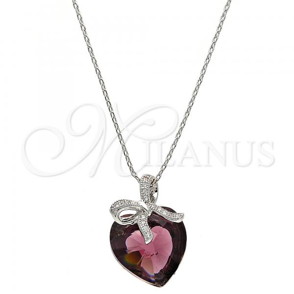Rhodium Plated Pendant Necklace, Heart and Bow Design, with Amethyst Swarovski Crystals and White Micro Pave, Polished, Rhodium Finish, 04.239.0007.1.16