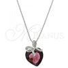 Rhodium Plated Pendant Necklace, Heart and Bow Design, with Amethyst Swarovski Crystals and White Micro Pave, Polished, Rhodium Finish, 04.239.0007.1.16