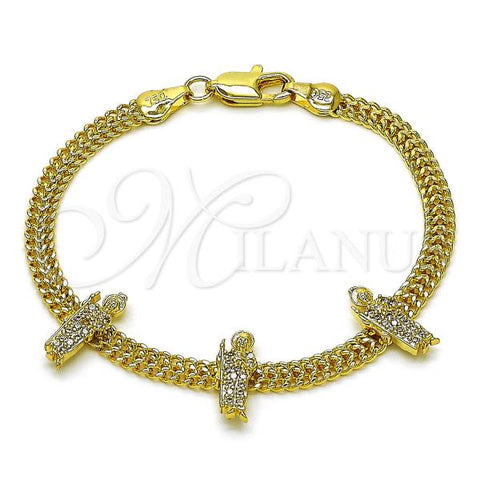 Oro Laminado Fancy Bracelet, Gold Filled Style San Judas and Bismark Design, with White Micro Pave, Polished, Golden Finish, 03.411.0047.07