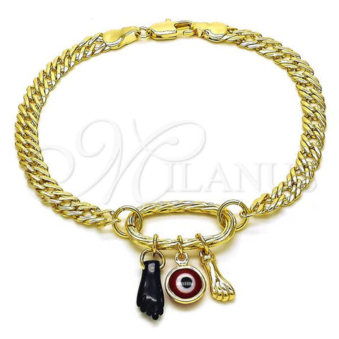 Oro Laminado Fancy Bracelet, Gold Filled Style Evil Eye and Figa Hand Design, Polished, Golden Finish, 03.213.0218.08