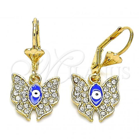 Oro Laminado Dangle Earring, Gold Filled Style Evil Eye and Butterfly Design, with White Crystal, Blue Enamel Finish, Golden Finish, 02.380.0086