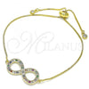 Oro Laminado Adjustable Bolo Bracelet, Gold Filled Style Infinite Design, with Multicolor Micro Pave and White Cubic Zirconia, Polished, Golden Finish, 03.156.0022.1.11