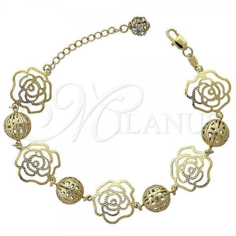 Oro Laminado Charm Bracelet, Gold Filled Style Flower Design, with White Cubic Zirconia, Diamond Cutting Finish, Golden Finish, 5.017.007