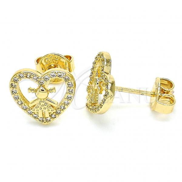 Oro Laminado Stud Earring, Gold Filled Style Heart and Little Girl Design, with White Micro Pave, Polished, Golden Finish, 02.156.0331