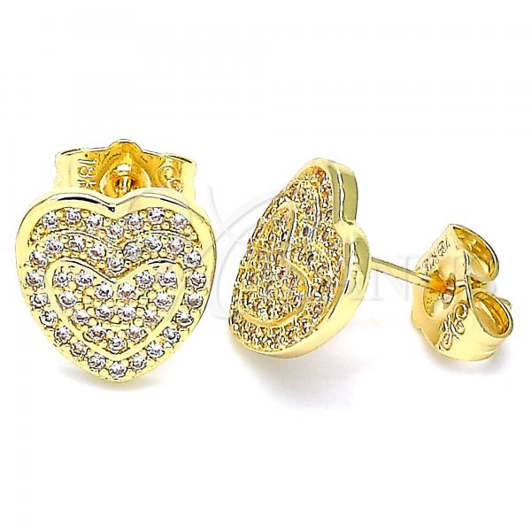 Oro Laminado Stud Earring, Gold Filled Style Heart Design, with White Micro Pave, Polished, Golden Finish, 02.156.0508