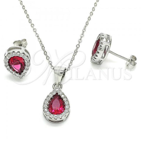 Sterling Silver Earring and Pendant Adult Set, Teardrop Design, with Ruby Cubic Zirconia and White Crystal, Polished, Rhodium Finish, 10.175.0067.2
