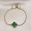 Oro Laminado Adjustable Bolo Bracelet, Gold Filled Style Four-leaf Clover and Box Design, with Green Mother of Pearl and White Cubic Zirconia, Polished, Golden Finish, 03.341.0235.3.11