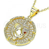 Oro Laminado Religious Pendant, Gold Filled Style Praying Hands and Cross Design, with White Micro Pave and Garnet Cubic Zirconia, Polished, Golden Finish, 05.342.0055