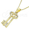 Oro Laminado Pendant Necklace, Gold Filled Style key Design, with White Crystal, Polished, Golden Finish, 04.213.0192.20