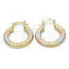 Oro Laminado Small Hoop, Gold Filled Style Greek Key Design, Diamond Cutting Finish, Tricolor, 02.163.0007.1.25