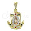 Oro Laminado Religious Pendant, Gold Filled Style Guadalupe and Anchor Design, with Multicolor Crystal, Polished, Tricolor, 05.351.0056.2