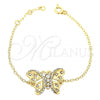 Oro Laminado Fancy Bracelet, Gold Filled Style Butterfly Design, with White Crystal, Polished, Golden Finish, 03.91.0044