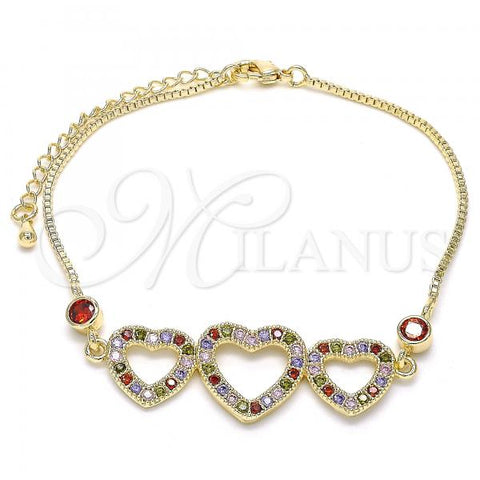 Oro Laminado Fancy Bracelet, Gold Filled Style Heart Design, with Multicolor Cubic Zirconia, Polished, Golden Finish, 03.221.0058.1.08