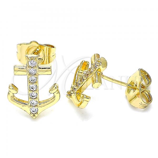 Oro Laminado Stud Earring, Gold Filled Style Anchor Design, with White Micro Pave, Polished, Golden Finish, 02.210.0424