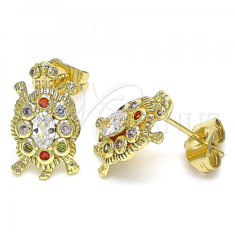Oro Laminado Stud Earring, Gold Filled Style Turtle Design, with Multicolor Micro Pave, Polished, Golden Finish, 02.210.0414.1