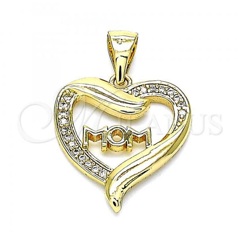 Oro Laminado Fancy Pendant, Gold Filled Style Mom and Heart Design, with White Micro Pave, Polished, Golden Finish, 05.342.0023